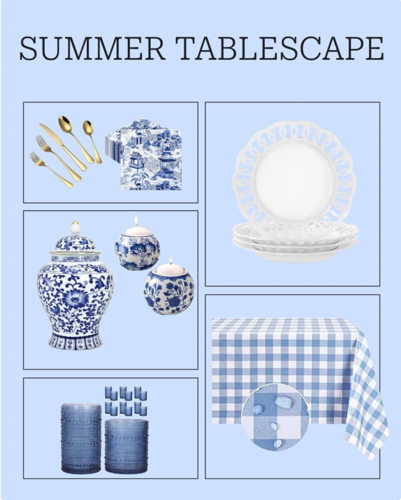 blue and white summer tablescape ideas with gingham tablecloth 